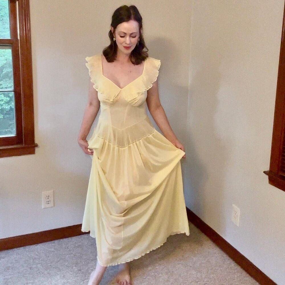 Vintage 70s Vanity Fair Romantic Ethereal Sheer Yellow Slip Dress Size Small